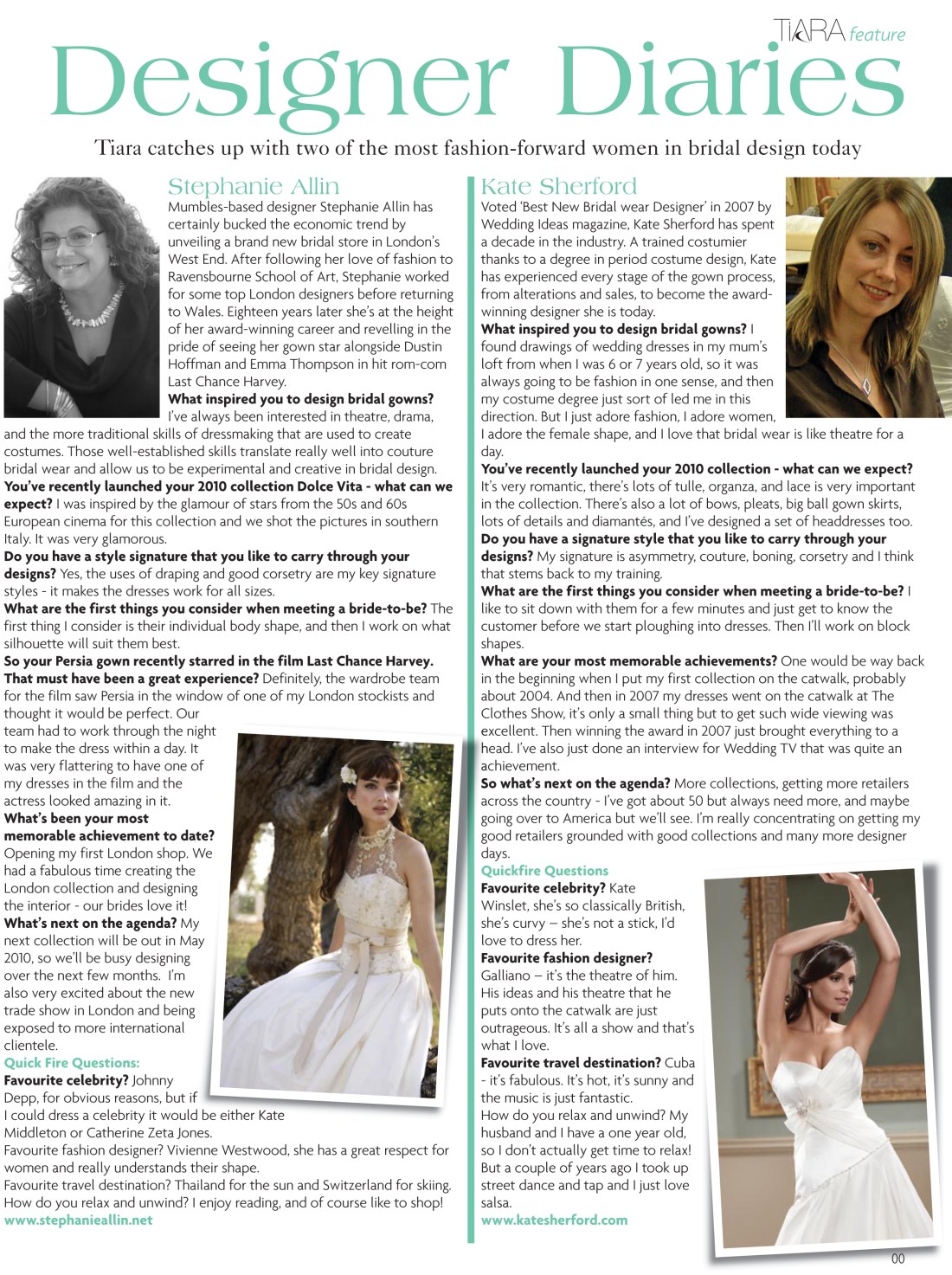 Interview with bridal designers Stephanie Allin and Kate Sherford - Tiara magazine Spring 2010 issue - Amy Lewis